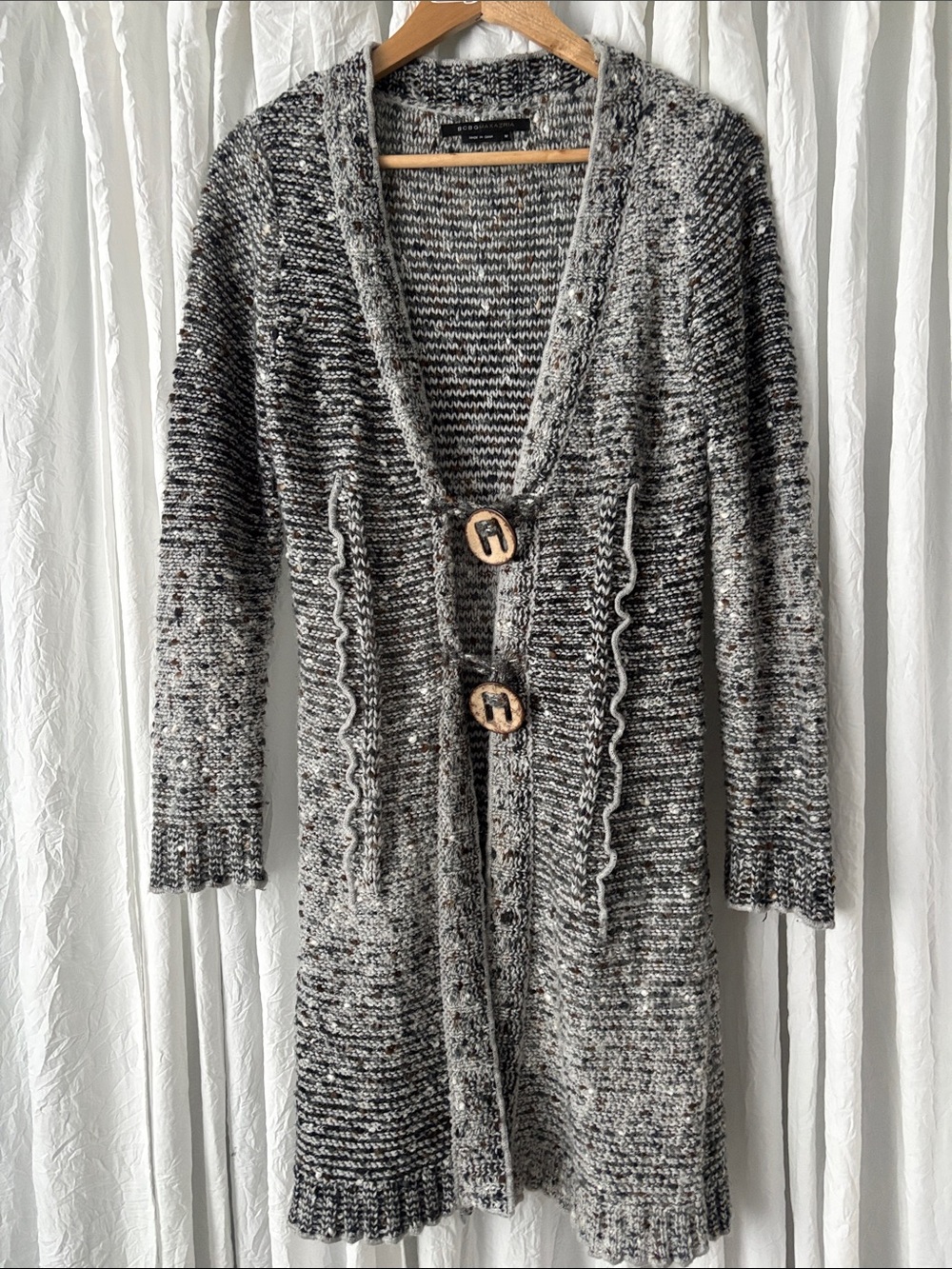 BCBGMaxAzria Black & White Marled Long Open-Front Cardigan with Wooden Toggles